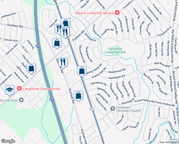 map of restaurants, bars, coffee shops, grocery stores, and more near 17 Spring Valley Road in Levittown