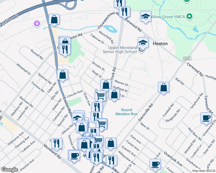 map of restaurants, bars, coffee shops, grocery stores, and more near 712 York Road in Willow Grove