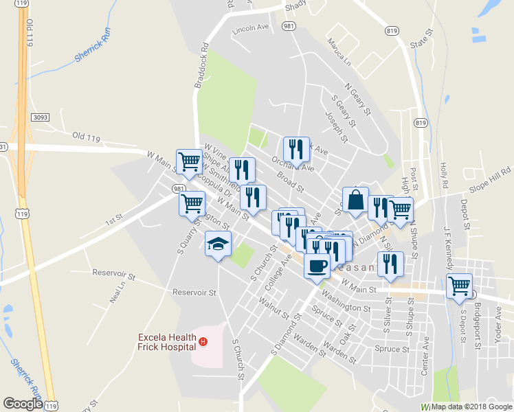 map of restaurants, bars, coffee shops, grocery stores, and more near 767 West Smithfield Street in Mount Pleasant