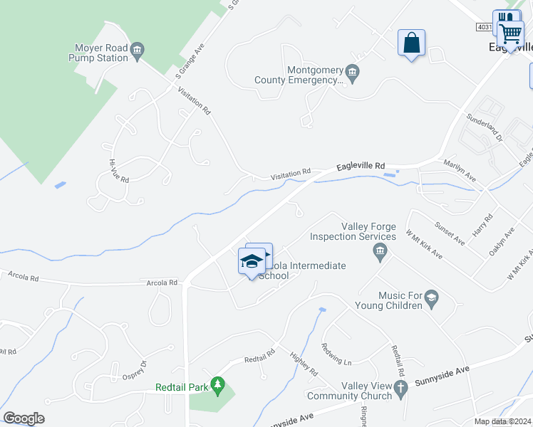 map of restaurants, bars, coffee shops, grocery stores, and more near 4070 Eagleville Road in Norristown