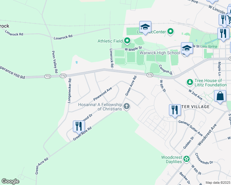 map of restaurants, bars, coffee shops, grocery stores, and more near 9 Buttonwood Drive in Lititz