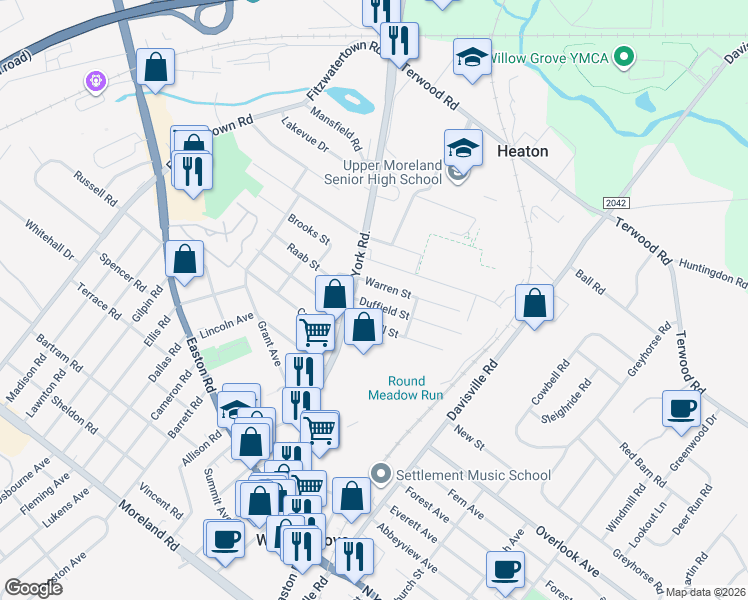 map of restaurants, bars, coffee shops, grocery stores, and more near 237 Duffield Street in Willow Grove
