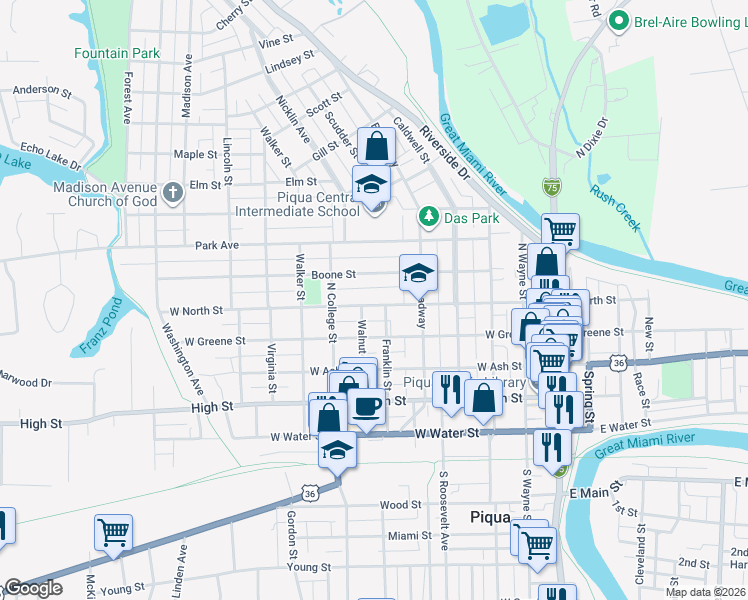 map of restaurants, bars, coffee shops, grocery stores, and more near 606 West North Street in Piqua