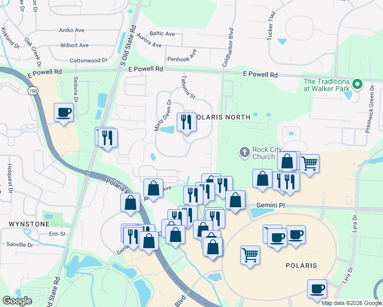 map of restaurants, bars, coffee shops, grocery stores, and more near 1145 Pebble Brook Drive in Columbus