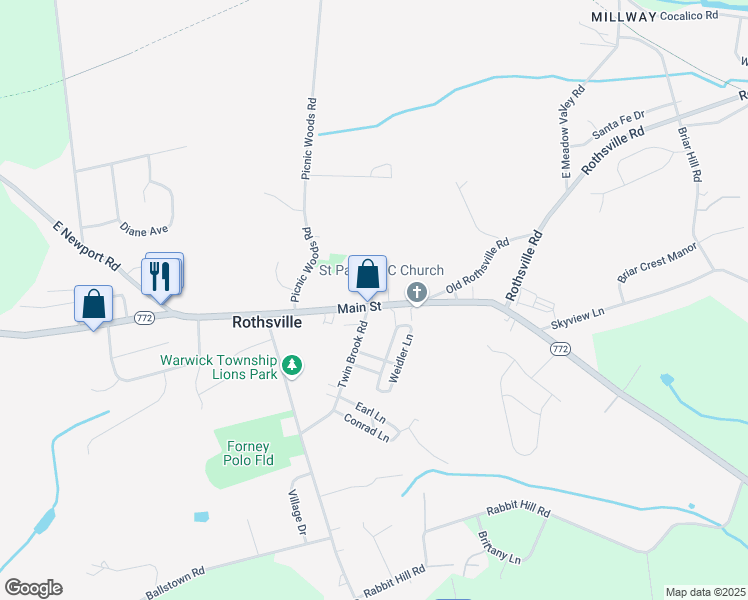 map of restaurants, bars, coffee shops, grocery stores, and more near 2101 Main Street in Lititz