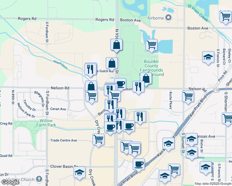 map of restaurants, bars, coffee shops, grocery stores, and more near 920 South Hover Street in Longmont
