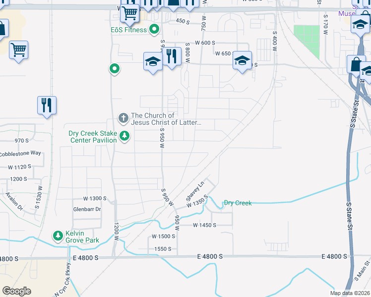 map of restaurants, bars, coffee shops, grocery stores, and more near 752 West 1050 South in Springville