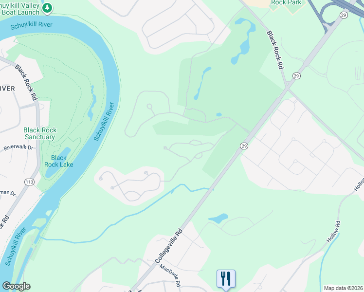 map of restaurants, bars, coffee shops, grocery stores, and more near 30 Eagle Road in Phoenixville