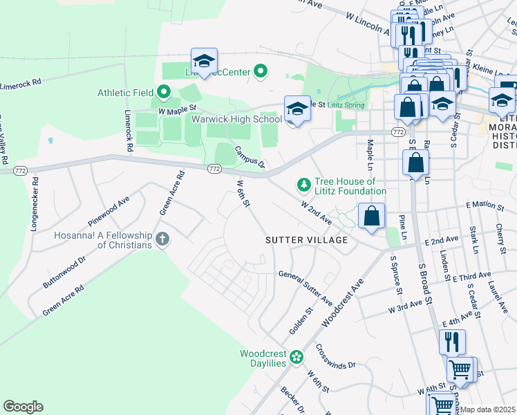map of restaurants, bars, coffee shops, grocery stores, and more near 548 Spring Avenue in Lititz