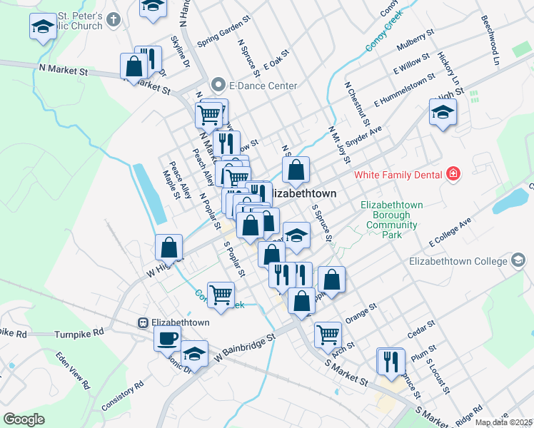 map of restaurants, bars, coffee shops, grocery stores, and more near in Elizabethtown