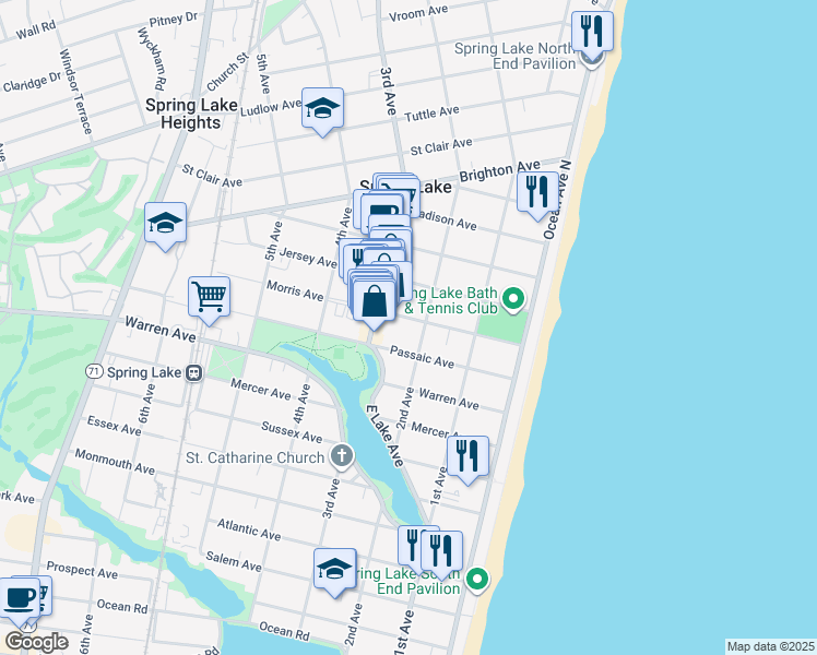 map of restaurants, bars, coffee shops, grocery stores, and more near 200 Morris Avenue in Spring Lake