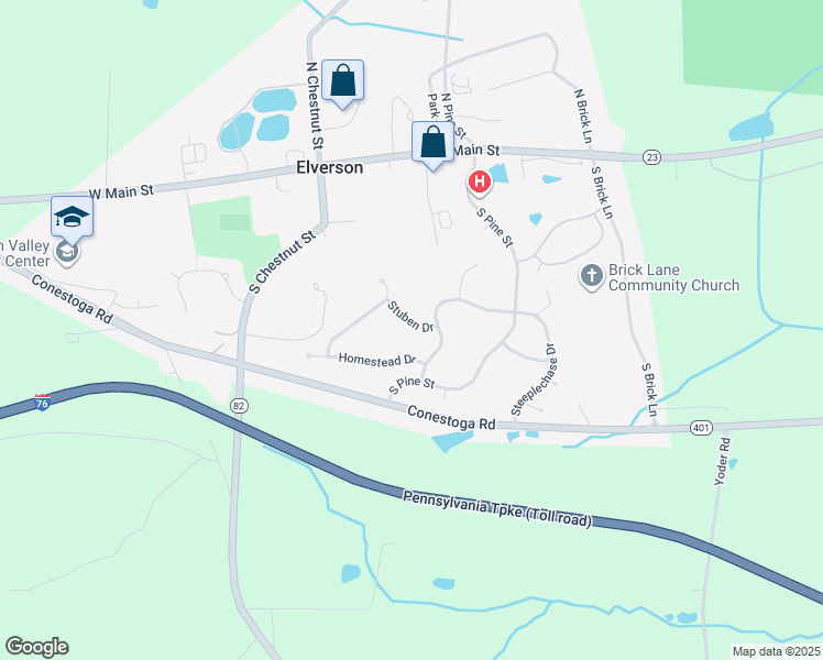 map of restaurants, bars, coffee shops, grocery stores, and more near 405 Stuben Drive in Elverson