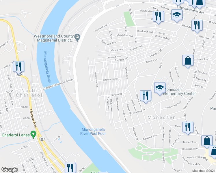 map of restaurants, bars, coffee shops, grocery stores, and more near 1041 Athalia Avenue in Monessen