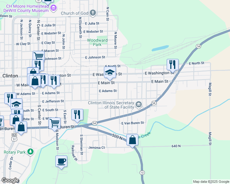 map of restaurants, bars, coffee shops, grocery stores, and more near 922 East Adams Street in Clinton