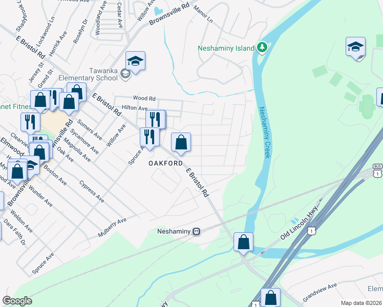 map of restaurants, bars, coffee shops, grocery stores, and more near 1164 Siles Avenue in Bucks County