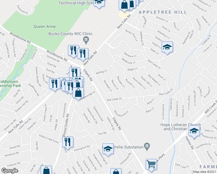 map of restaurants, bars, coffee shops, grocery stores, and more near 50 Rustleaf Lane in Levittown
