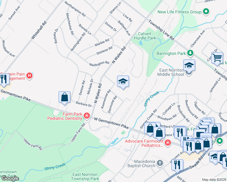 map of restaurants, bars, coffee shops, grocery stores, and more near 415 Pinecrest Road in Eagleville
