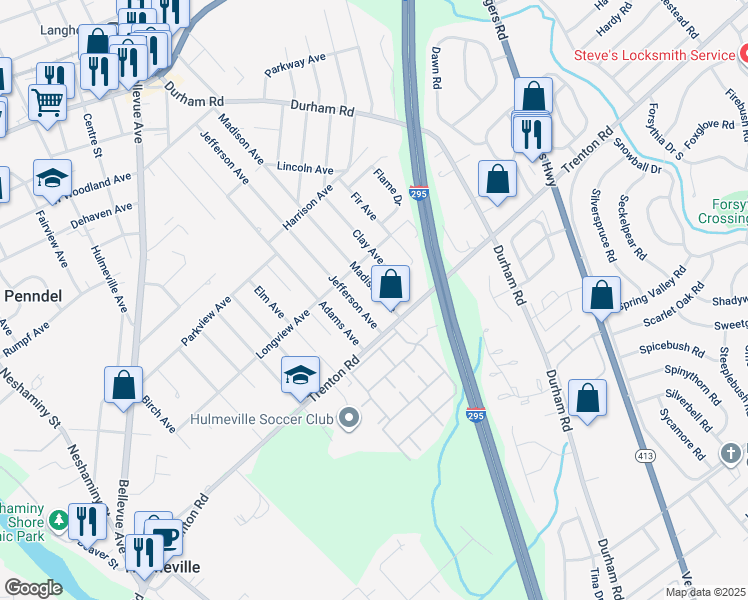 map of restaurants, bars, coffee shops, grocery stores, and more near 904 Madison Avenue in Langhorne