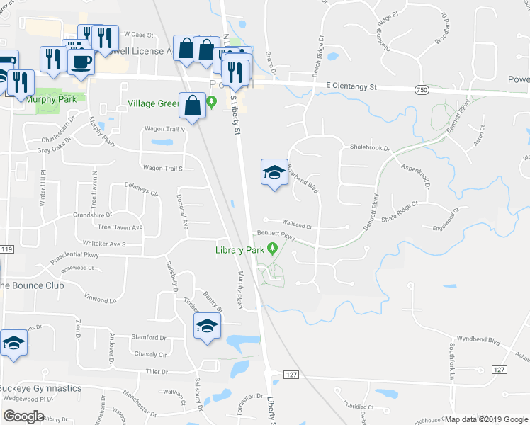 map of restaurants, bars, coffee shops, grocery stores, and more near 100 Wallsend Court in Powell