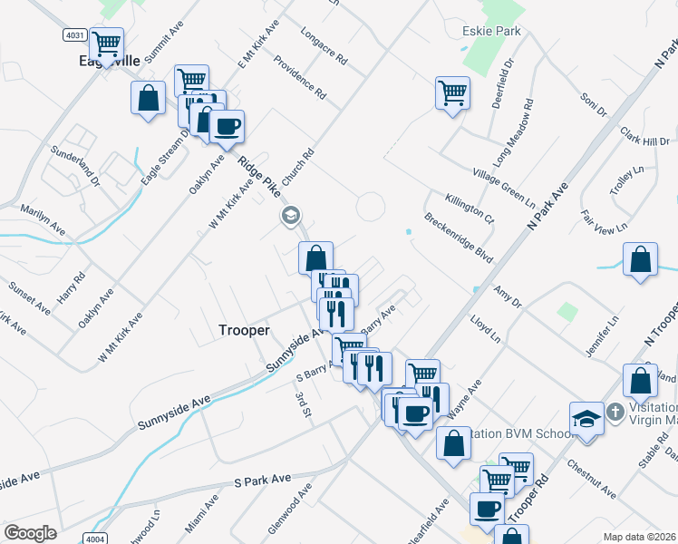 map of restaurants, bars, coffee shops, grocery stores, and more near 10 North Hillside Circle in Eagleville