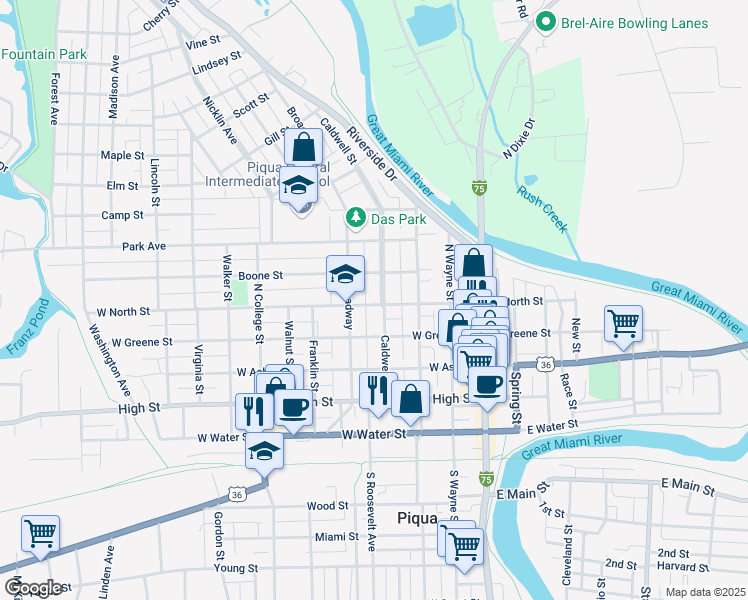 map of restaurants, bars, coffee shops, grocery stores, and more near 600 Caldwell Street in Piqua