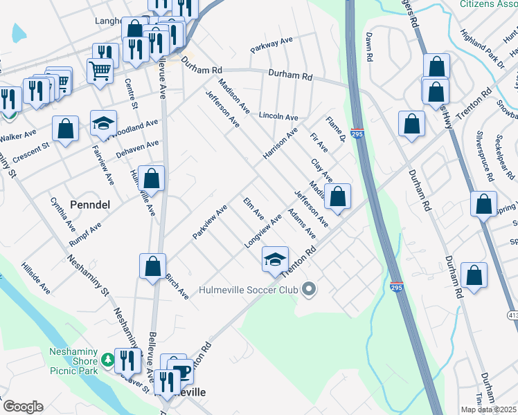 map of restaurants, bars, coffee shops, grocery stores, and more near 747 Elm Avenue in Langhorne