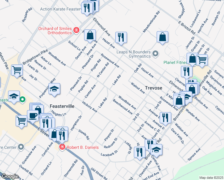 map of restaurants, bars, coffee shops, grocery stores, and more near 322 Woodbine Avenue in Feasterville-Trevose