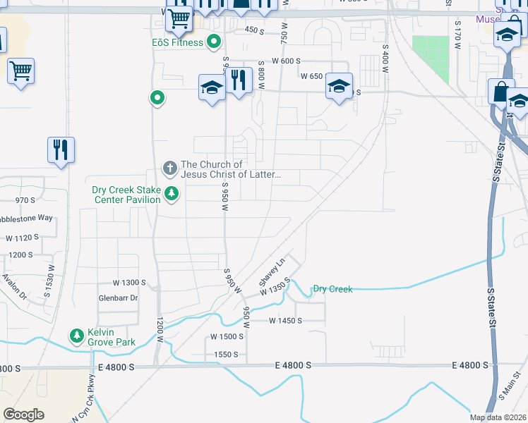 map of restaurants, bars, coffee shops, grocery stores, and more near 752 West 1050 South in Springville