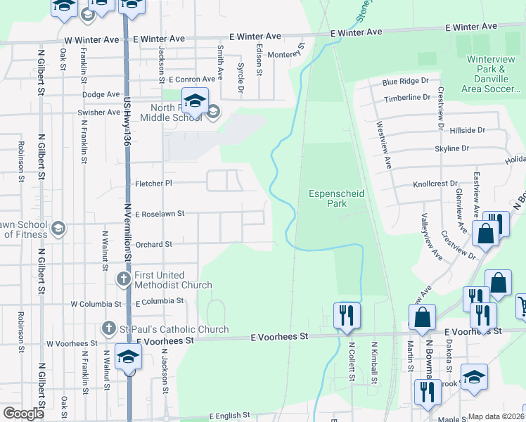 map of restaurants, bars, coffee shops, grocery stores, and more near 505 E Roselawn St in Danville