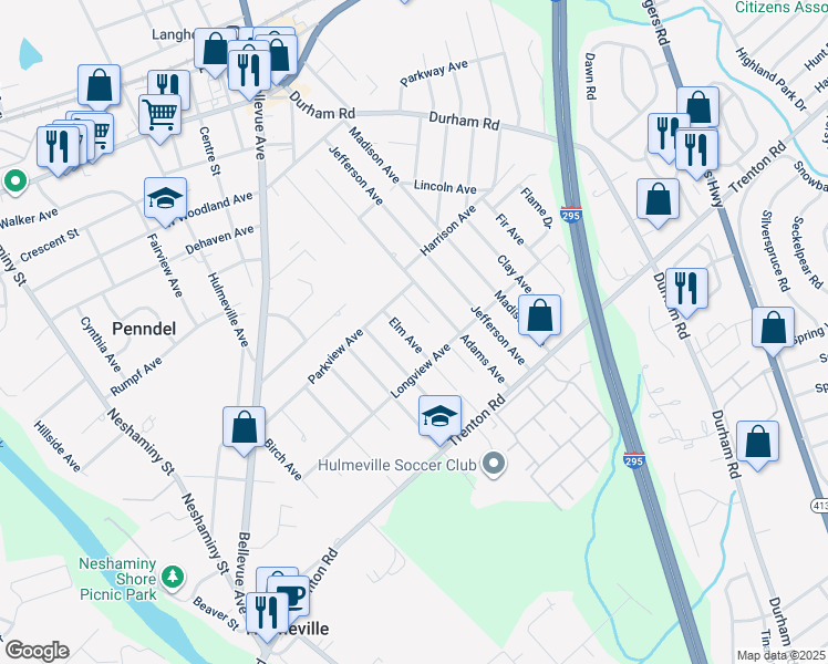 map of restaurants, bars, coffee shops, grocery stores, and more near 747 Elm Avenue in Langhorne