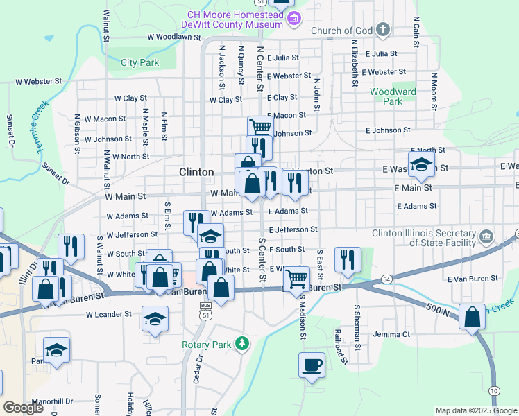 map of restaurants, bars, coffee shops, grocery stores, and more near 123 South Center Street in Clinton