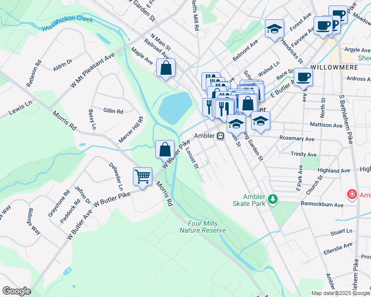 map of restaurants, bars, coffee shops, grocery stores, and more near 300 West Butler Pike in Ambler