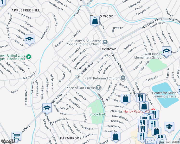 map of restaurants, bars, coffee shops, grocery stores, and more near 342 Stonybrook Drive in Levittown