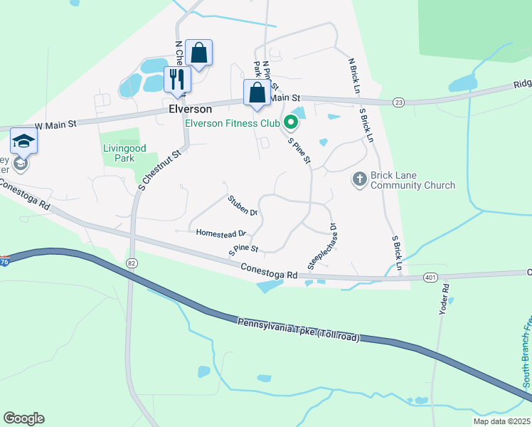 map of restaurants, bars, coffee shops, grocery stores, and more near 316 Steeplechase Dr in Elverson