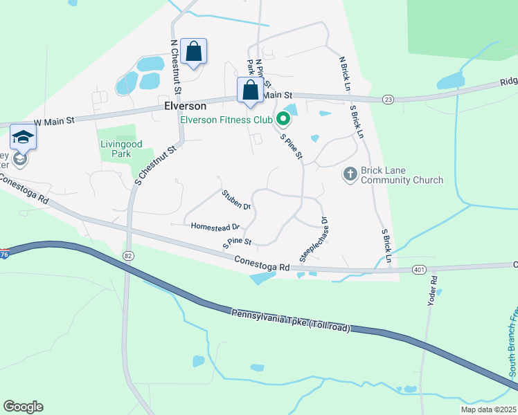 map of restaurants, bars, coffee shops, grocery stores, and more near 316 Steeplechase Dr in Elverson