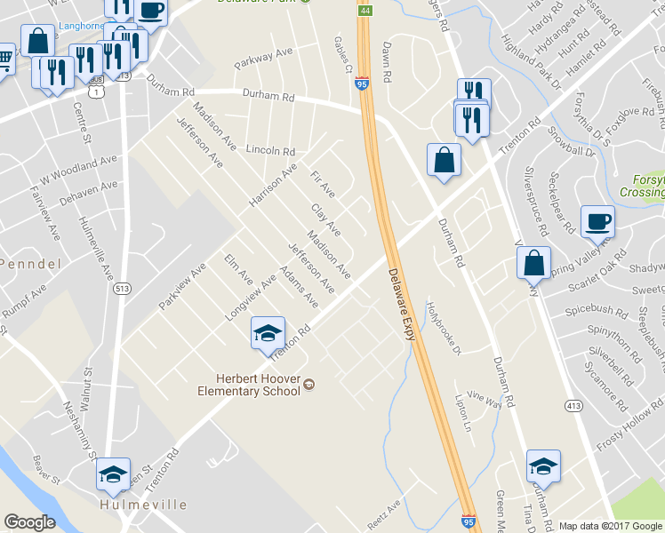 map of restaurants, bars, coffee shops, grocery stores, and more near 904 Madison Avenue in Langhorne