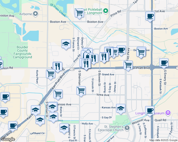 map of restaurants, bars, coffee shops, grocery stores, and more near 1225 Colorado 119 in Longmont