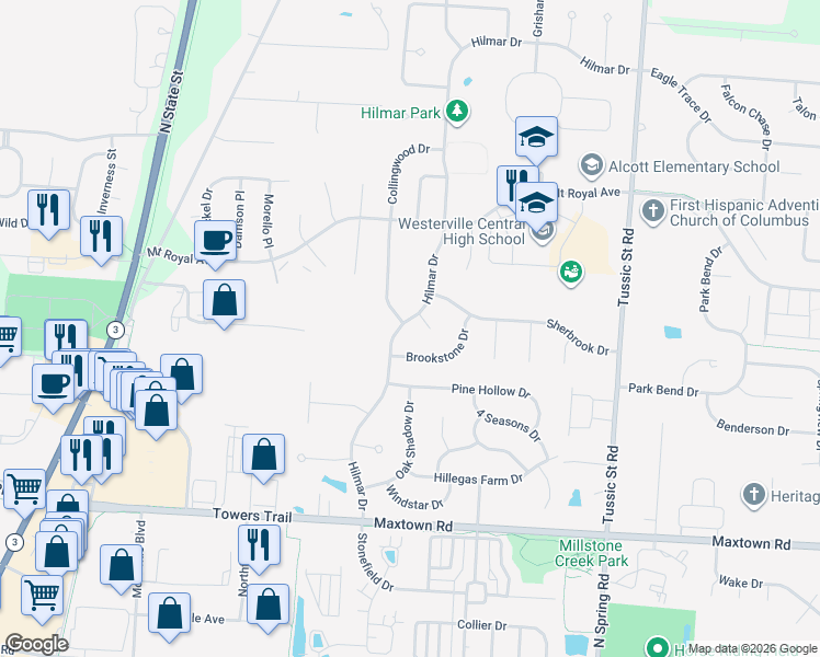 map of restaurants, bars, coffee shops, grocery stores, and more near 6827 Hilmar Drive in Westerville