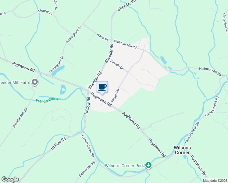 map of restaurants, bars, coffee shops, grocery stores, and more near 105 Wilson Road in Phoenixville