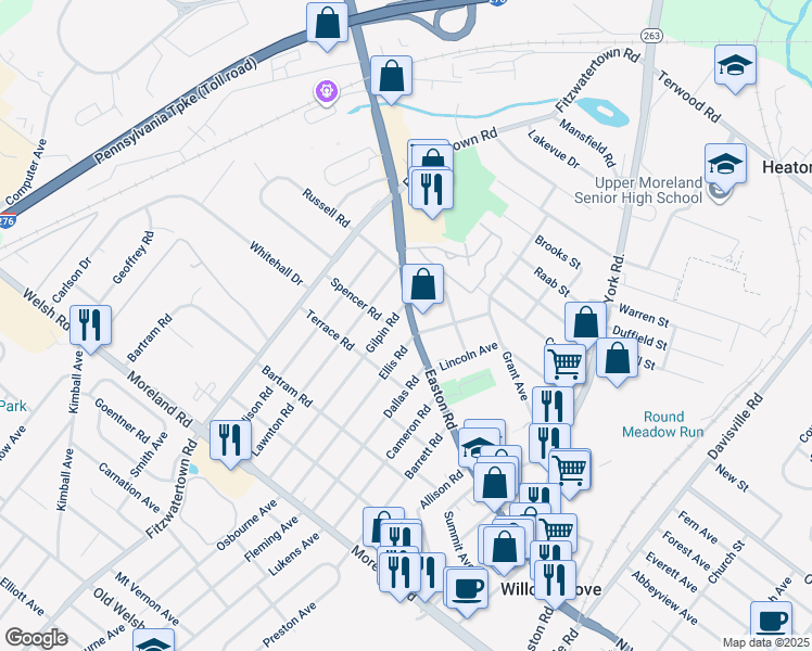 map of restaurants, bars, coffee shops, grocery stores, and more near 804A Easton Road in Willow Grove