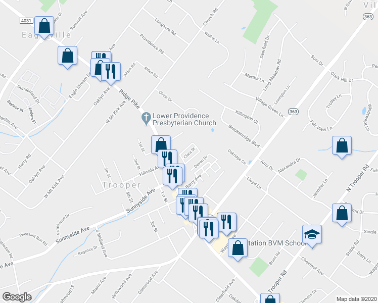 map of restaurants, bars, coffee shops, grocery stores, and more near 41 Clara Street in Eagleville