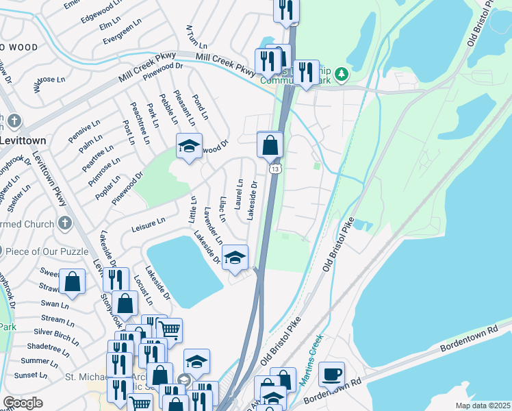 map of restaurants, bars, coffee shops, grocery stores, and more near 283 Lakeside Drive in Levittown
