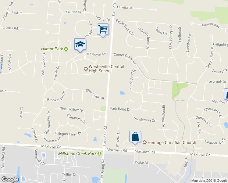 map of restaurants, bars, coffee shops, grocery stores, and more near 6645 Tussic Street Road in Westerville