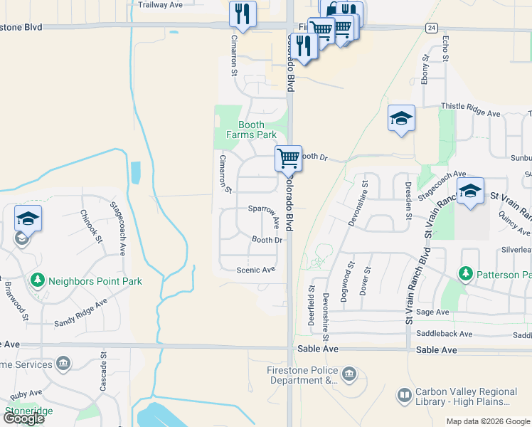 map of restaurants, bars, coffee shops, grocery stores, and more near 10418 Coal Ridge Street in Longmont