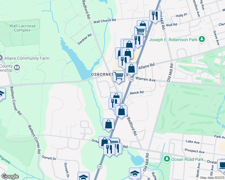 map of restaurants, bars, coffee shops, grocery stores, and more near 13 South Manor Court in Wall Township