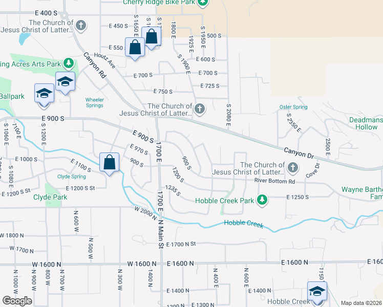 map of restaurants, bars, coffee shops, grocery stores, and more near 1038 1900 East in Springville