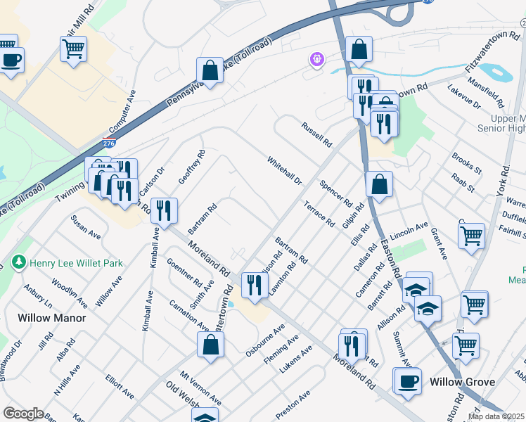 map of restaurants, bars, coffee shops, grocery stores, and more near 3315 Bartram Road in Willow Grove