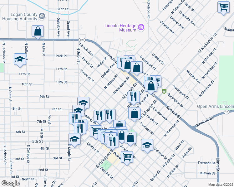 map of restaurants, bars, coffee shops, grocery stores, and more near 410 North Kankakee Street in Lincoln
