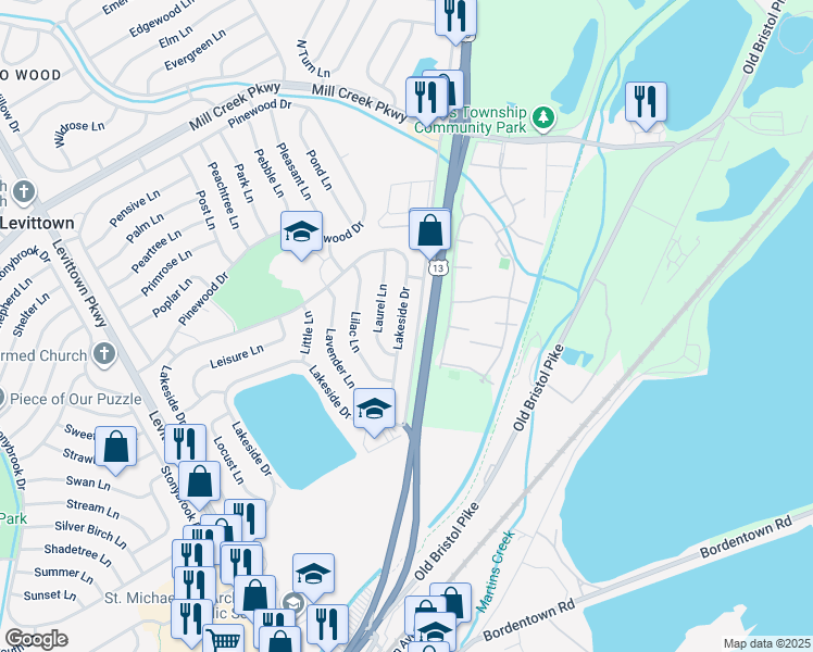 map of restaurants, bars, coffee shops, grocery stores, and more near 283 Lakeside Drive in Levittown