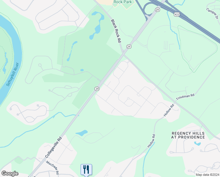 map of restaurants, bars, coffee shops, grocery stores, and more near 508 Dean Drive in Phoenixville